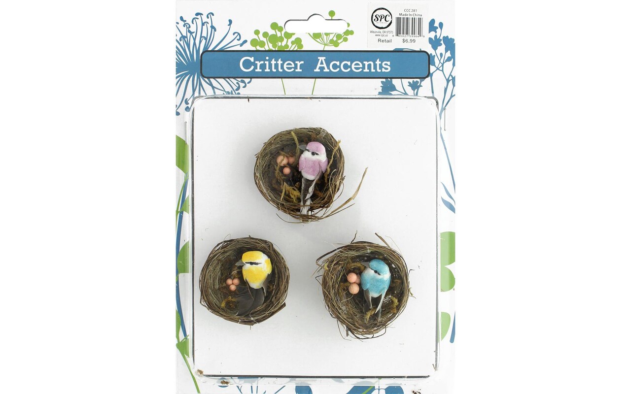 Mini Birds in Nest 2" Assorted 3pc - Faux Birds Nest for Crafts, Easter Spring Decor, Bird Nest Centerpiece, Table Display, DIY Art Projects, Party Decor